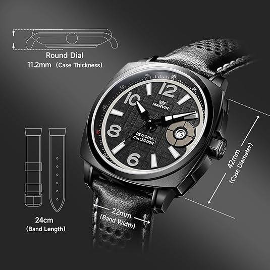 marvin Luxury Watches for Men Swiss Men’s Watch in Stainless Steel with Leather Strap and Sapphire Glass Date Dial,Luminous Hands and Marks,Quartz Movement,50M Waterproof