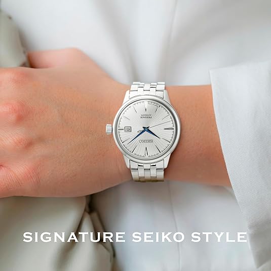SEIKO SRPB77 Automatic Watch for Men – Presage Cocktail Time – Patterned Silver Dial with Gloss Finish, Date Calendar, 50m Water-Resistant