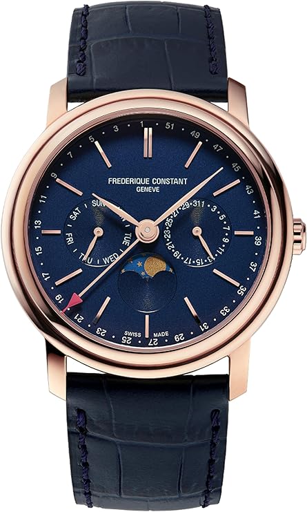 Frederique Constant Men’s Swiss Made Classic Business Timer Moonphase Rose Gold Stainless Steel Case Watch, Blue Leather Strap, Style: FC-270N4P4