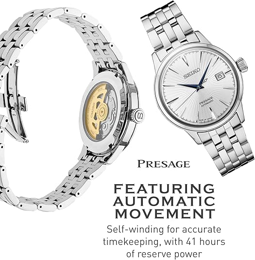 SEIKO SRPB77 Automatic Watch for Men – Presage Cocktail Time – Patterned Silver Dial with Gloss Finish, Date Calendar, 50m Water-Resistant