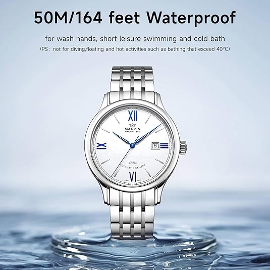 marvin Automatic Watch Swiss Movement Mechanical Luxury Watches for Men with Stainless Steel Strap,Sapphire Glass Dial,Luminous Drawing,Hands and Hour Markers,50m Waterproof