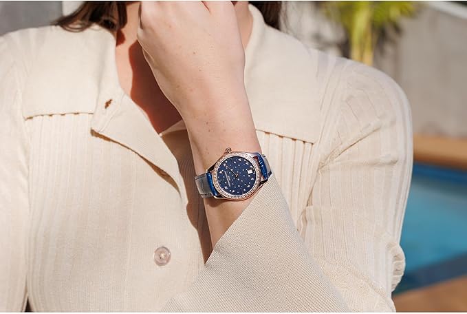 Frederique Constant Ladies’ Swiss Made Classic Moon and Stars Quartz Diamond Accent Rose Gold Plated Case Watch and Navy Leather Strap, Style: FC-220NSD3BD4