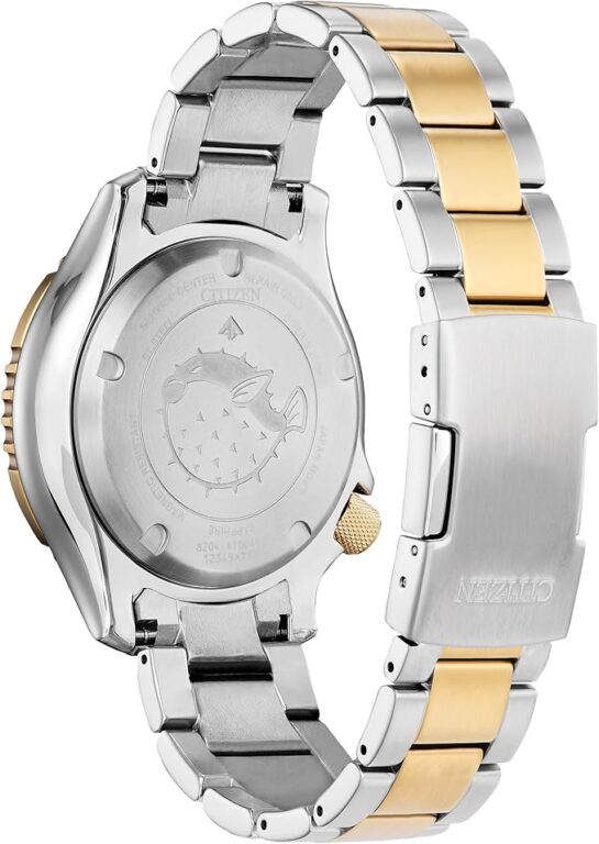 Citizen Men’s Eco-Drive Promaster Dive Fugu Automatic Stainless Steel Watch, Luminous, ISO Compliant, Two Tone Gold/Blue Dial