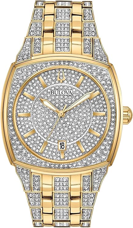 Bulova Men’s Crystal Phantom 3-Hand Date Quartz Cushion Shaped Case Watch, Pave Crystal Dial, 40mm