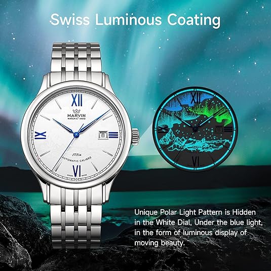 marvin Automatic Watch Swiss Movement Mechanical Luxury Watches for Men with Stainless Steel Strap,Sapphire Glass Dial,Luminous Drawing,Hands and Hour Markers,50m Waterproof